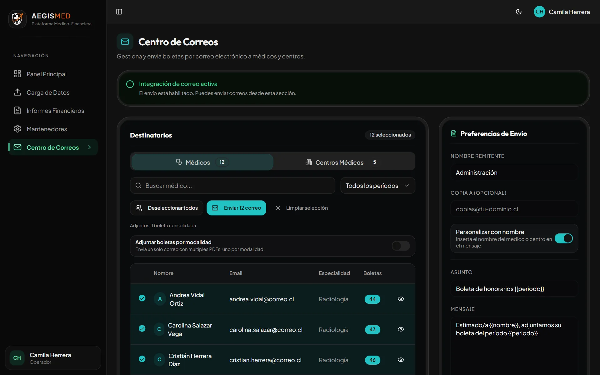 Pantalla Centro de Correos de AegisMed, con los destinatarios seleccionados para el envío